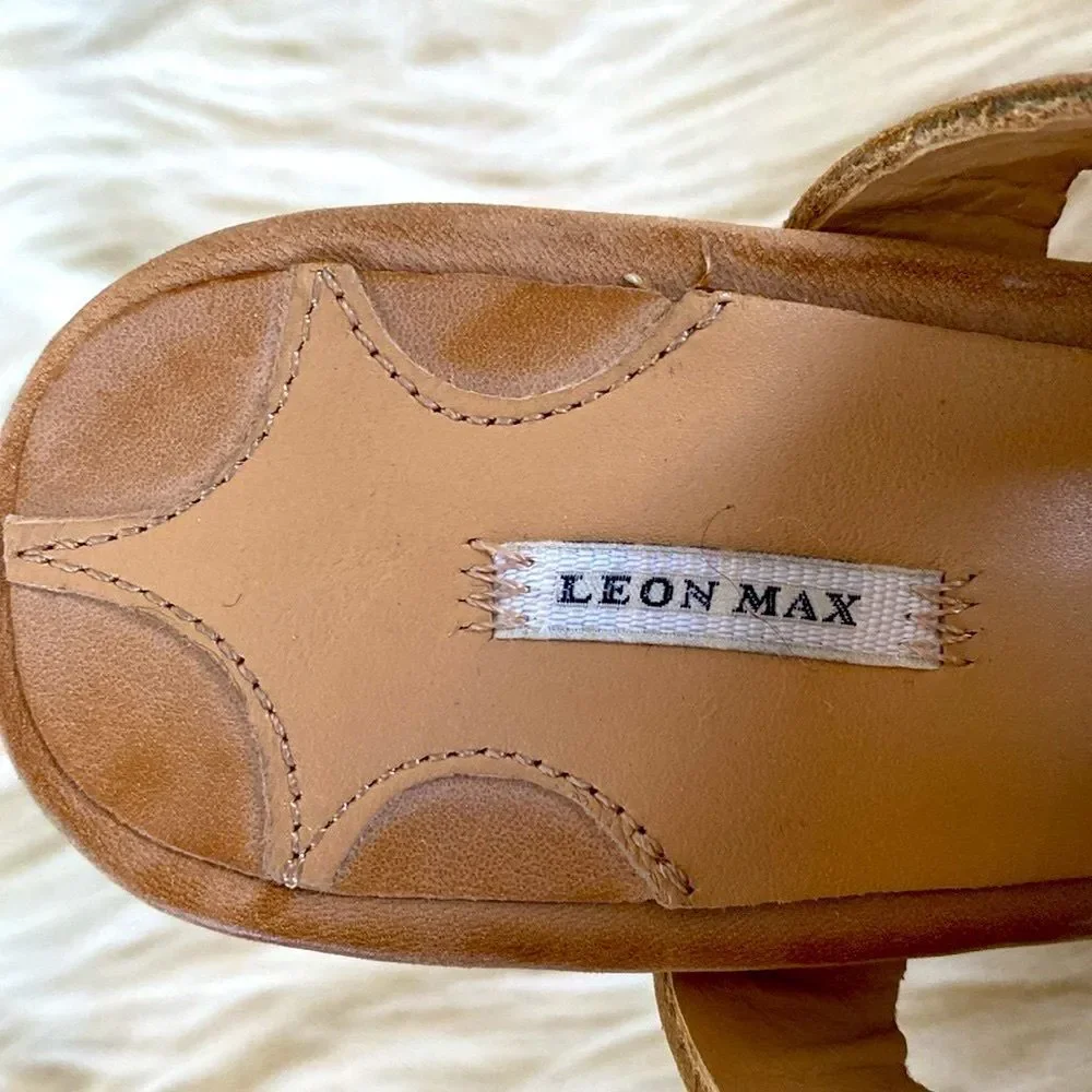 Leon Max Tan Wedge Sandals Chunky Heel Ankle Straps 8.5 New Boho Beach Vacation